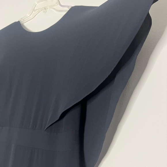 Halston Heritage Drape Back Cape Sleeve Ruffle Slit Navy Gown Maxi Dress 8 - Picture 7 of 13